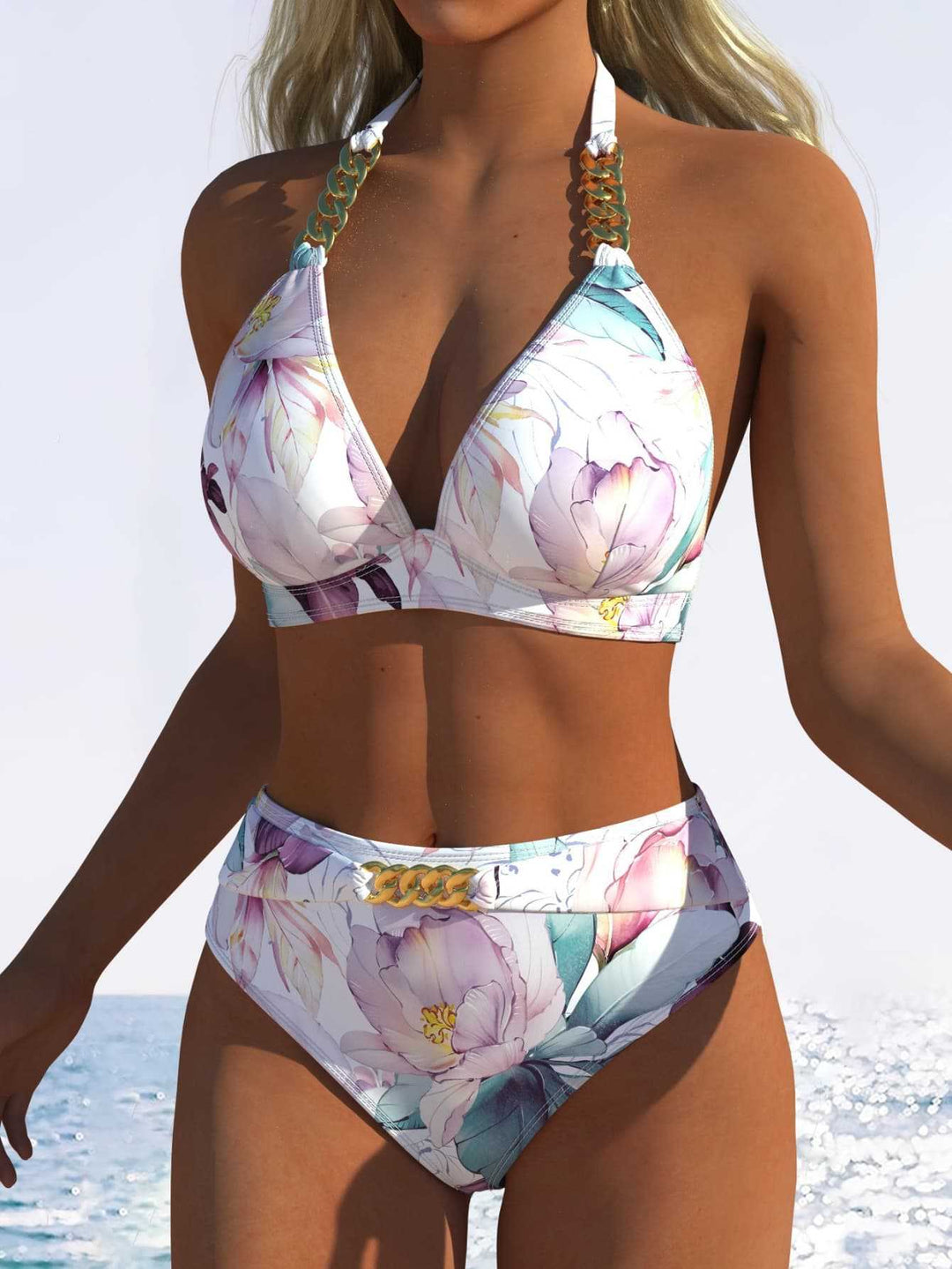 Damen Triangel-Bikini mit verstellbaren Bindebändern und modischem Wellenmuster EB