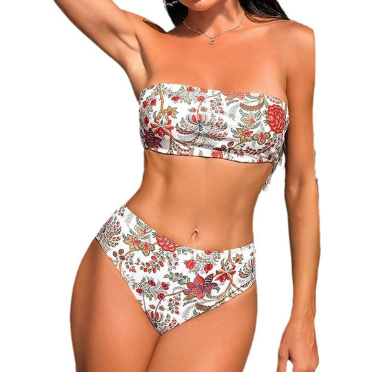Damen Bandeau-Bikini mit hochgeschnittenem Slip und floralen Akzenten EB