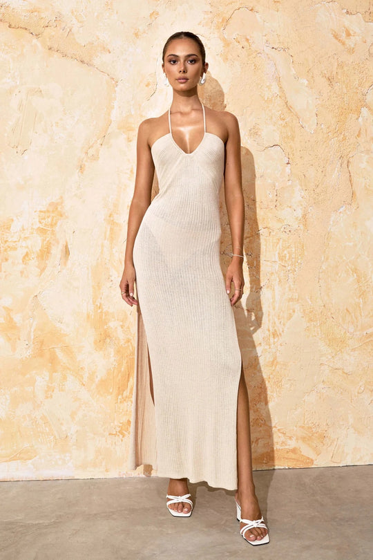 Damen Elegantes Maxikleid mit tiefem Ausschnitt und seitlichem Schlitz EB