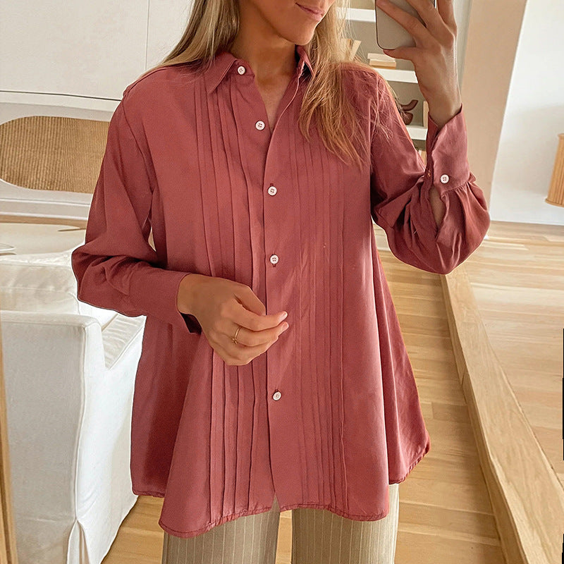 Damen Bluse mit eleganter Faltenstruktur und halbhohem Kragen EB