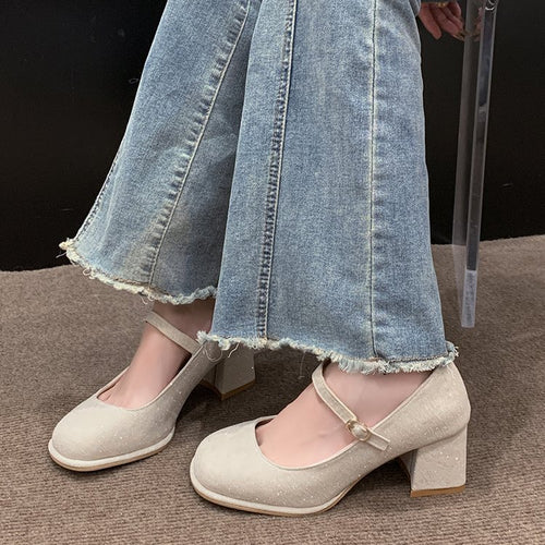 Damen elegante Mary Jane Pumps mit hochwertigem Stoff und komfortablem Blockabsatz EB