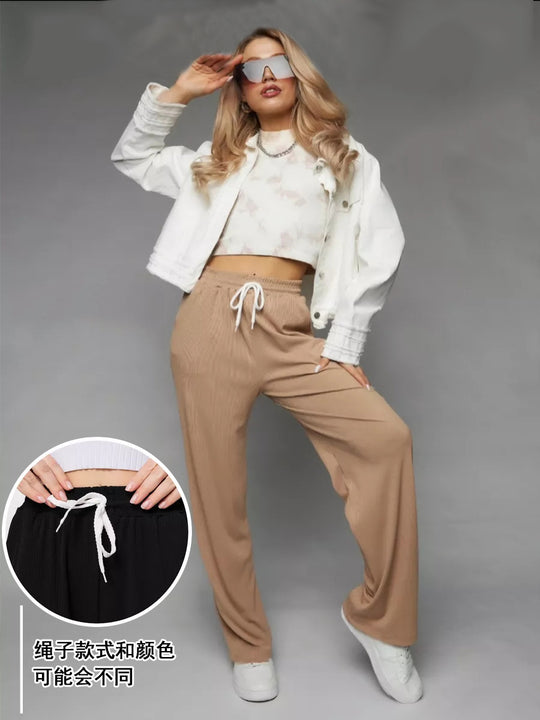 Damen weite hochgeschnittene Loungehose mit elastischem Bund und Kordelzug EB