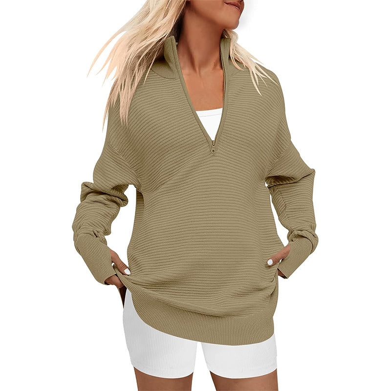 Damen Hochwertiger Reißverschluss Pullover mit strukturiertem Design EB
