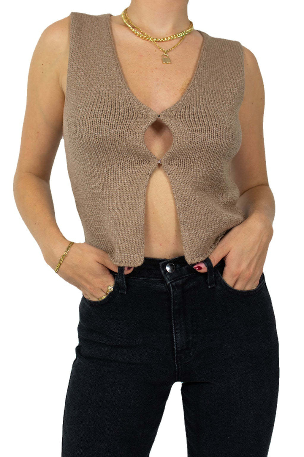 Damen gestricktes Crop-Top mit schickem V-Ausschnitt und dekorativem Schlüsselverschluss EB