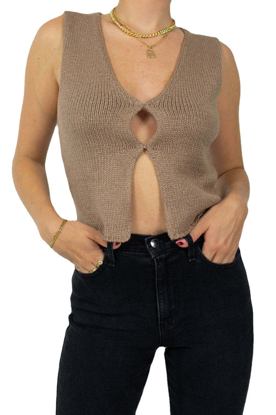 Damen gestricktes Crop-Top mit schickem V-Ausschnitt und dekorativem Schlüsselverschluss EB