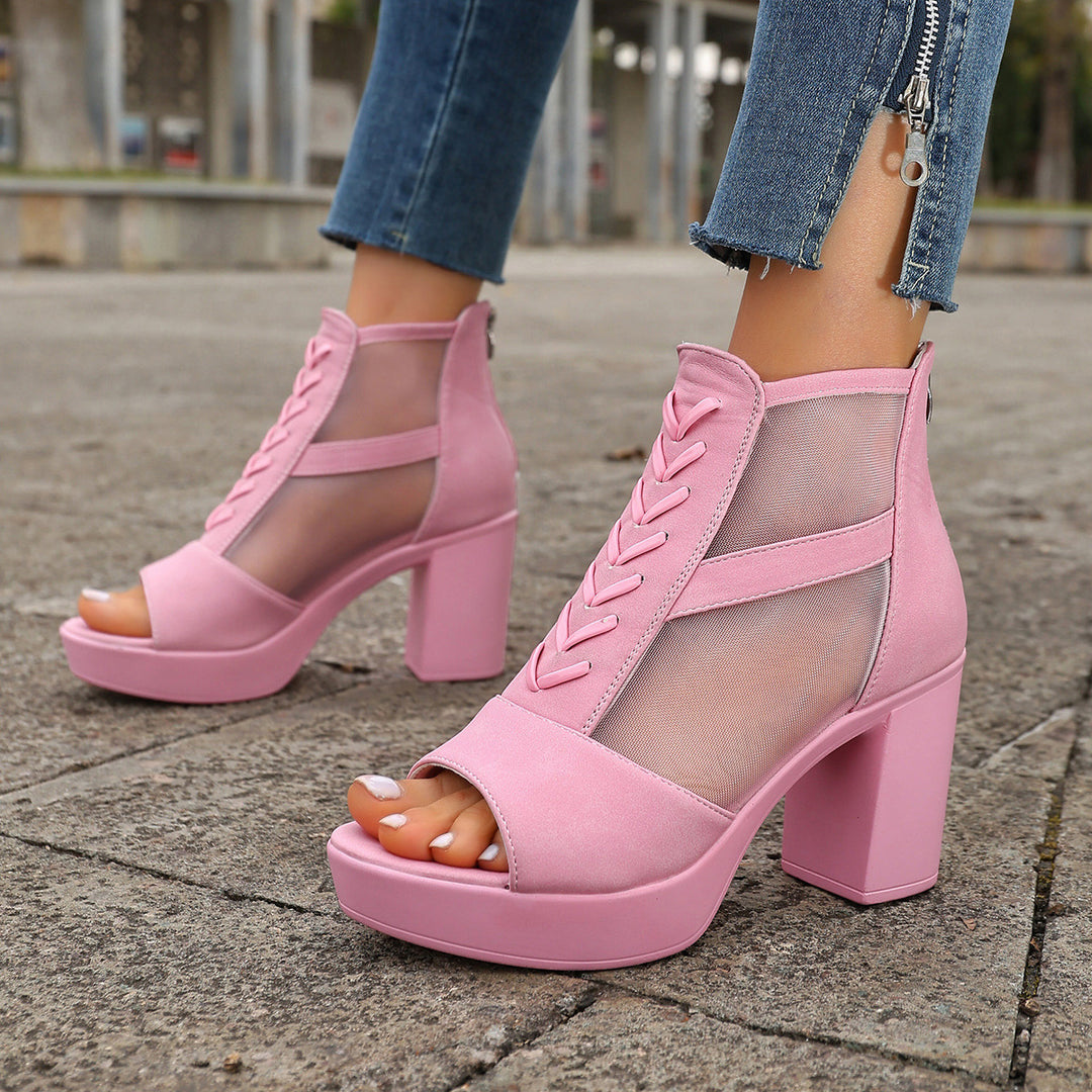 Damen High-Top Sandalen mit transparentem Mesh und dekorativem Schnürdesign EB