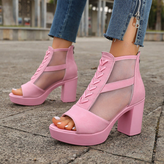 Damen High-Top Sandalen mit transparentem Mesh und dekorativem Schnürdesign EB