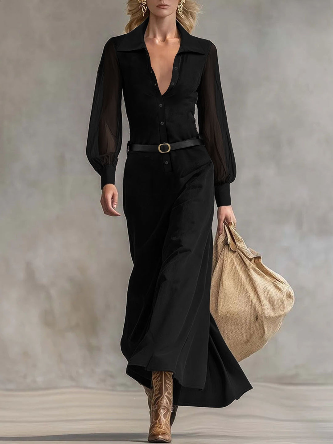 Damen Maxikleid mit transparenten Ärmeln und Taillengürtel EB