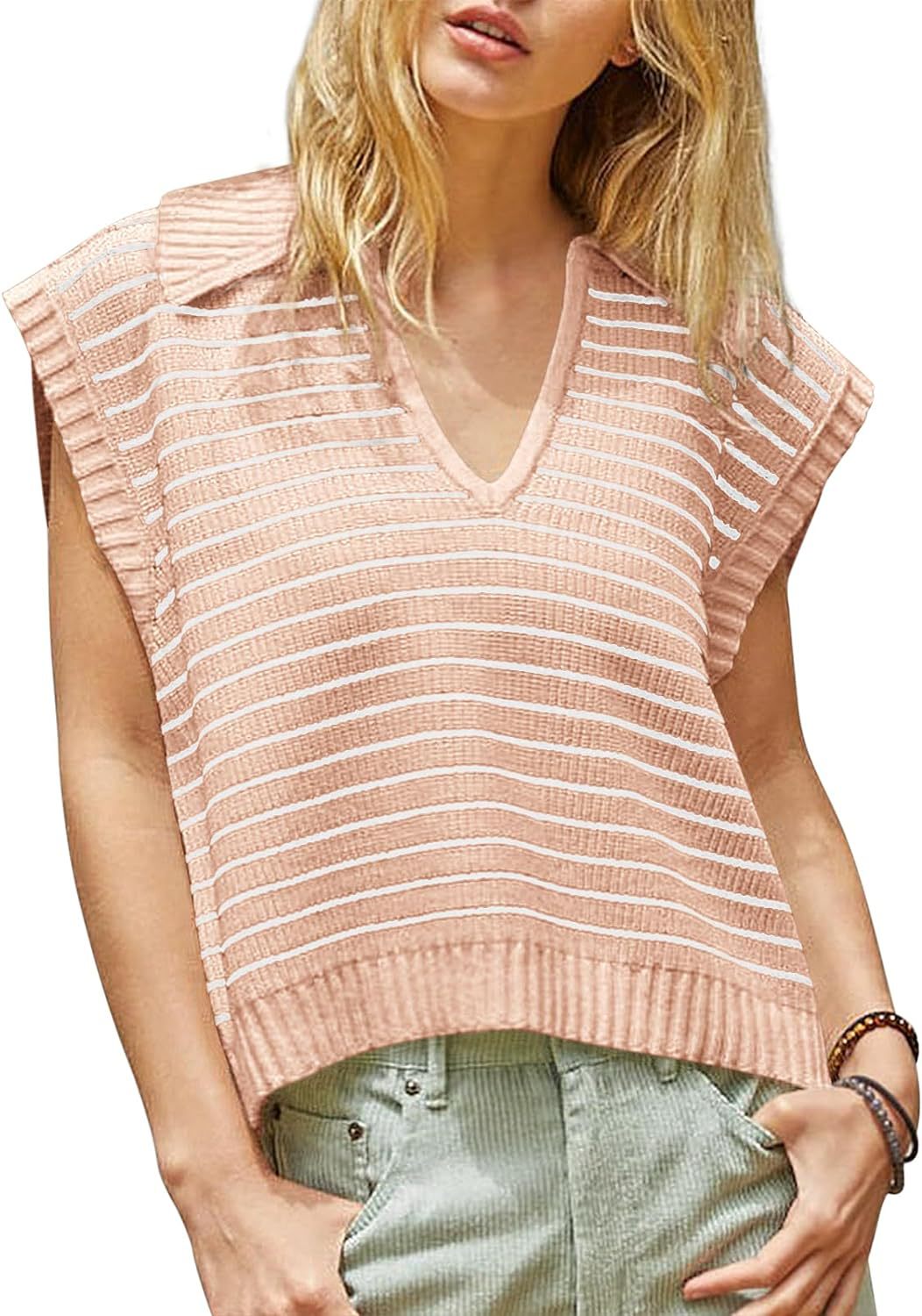 Damen lässiges Stricktop mit angeschnittenen Ärmeln und V-Ausschnitt EB