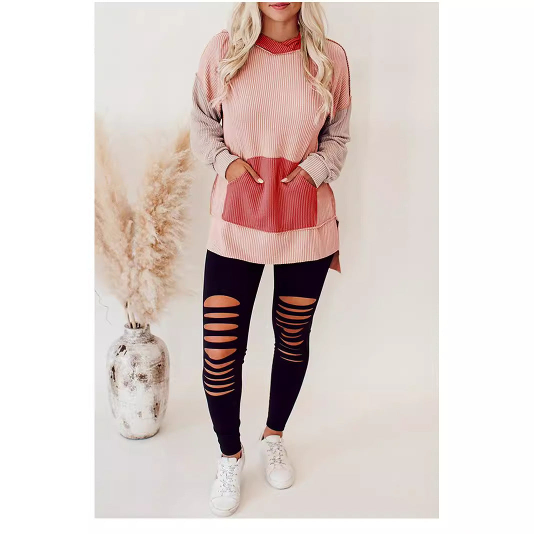 Damen lässiger Kapuzenpullover mit strukturiertem Design und praktischen Taschen EB
