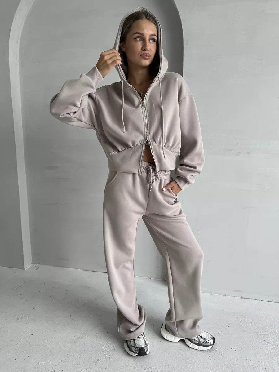 Damen Zweiteiliges Loungewear-Set mit gekürzter Zip-Kapuzenjacke und weitem High‑Waist Jogginghose EB