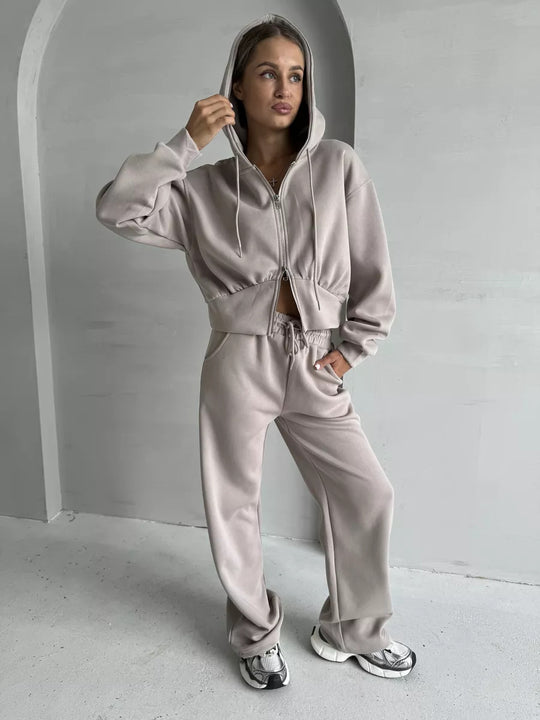 Damen Zweiteiliges Loungewear-Set mit gekürzter Zip-Kapuzenjacke und weitem High‑Waist Jogginghose EB