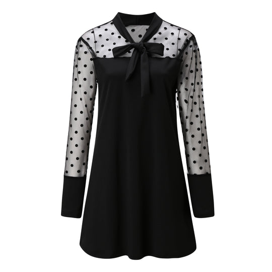 Damen Chiffonkleid mit eleganter Schleife und gepunktetem Design EB