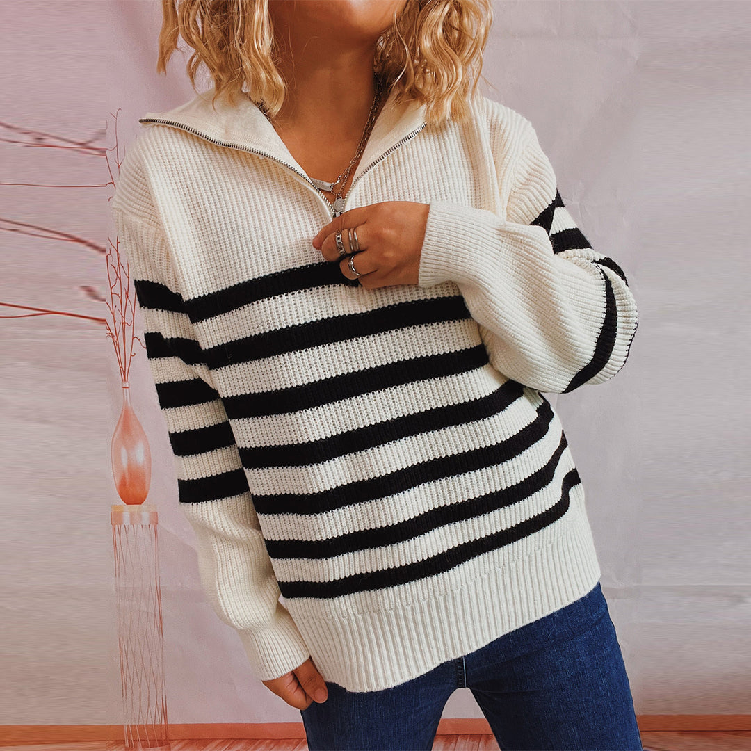 Damen gestreifter Pullover mit modernem Stehkragen und kurzer Reißverschluss EB
