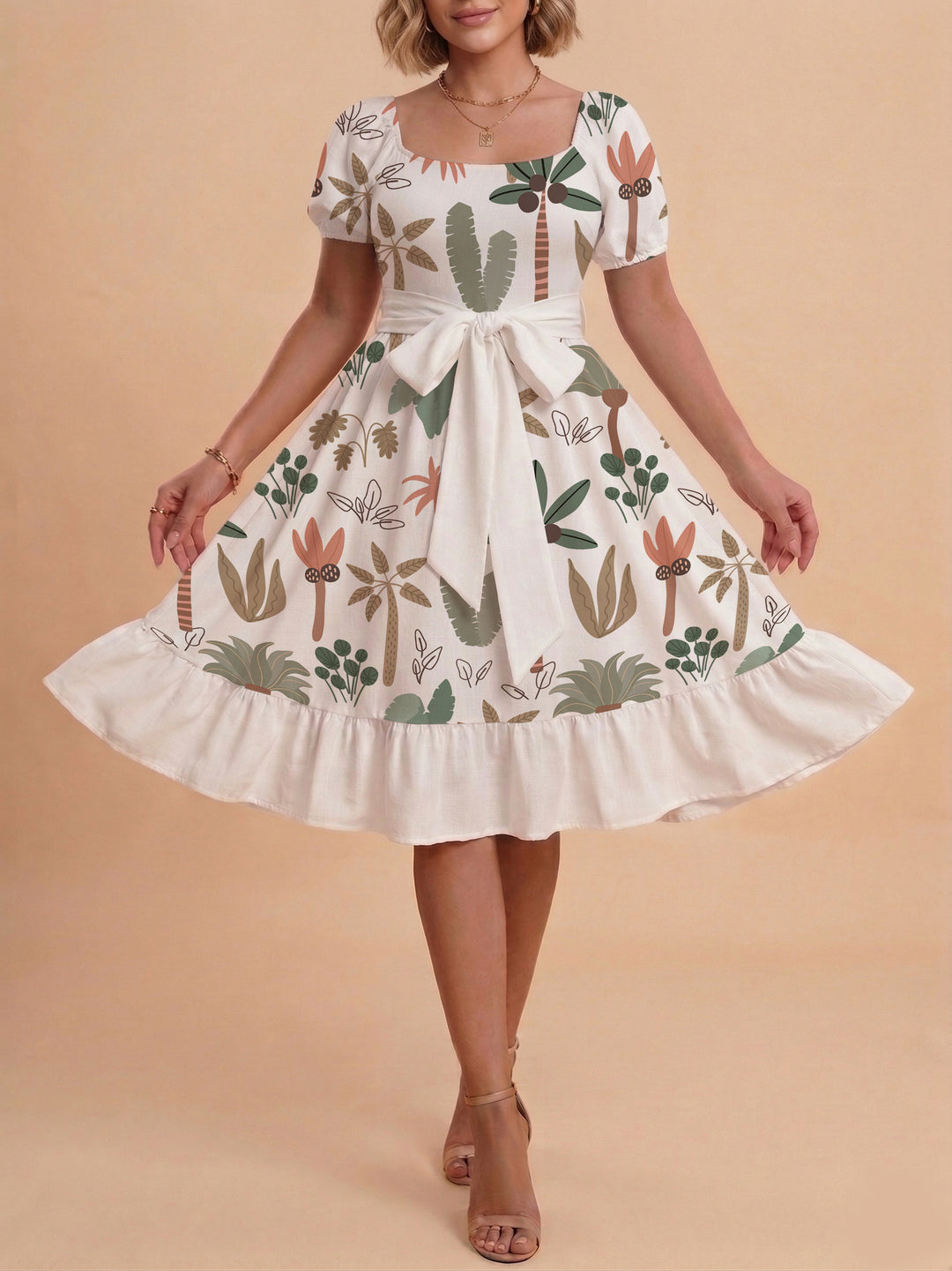 Damen Sommerliches Blumenkleid mit taillierbarem Gürtel und voluminösen Ärmeln EB