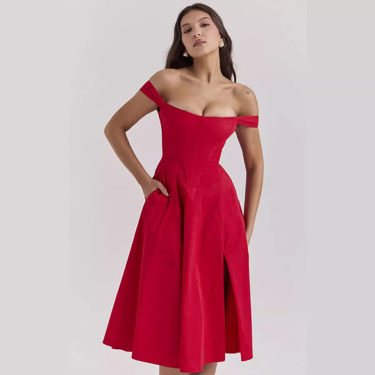 Damen Midikleid mit schulterfreiem Design und floralem Muster EB