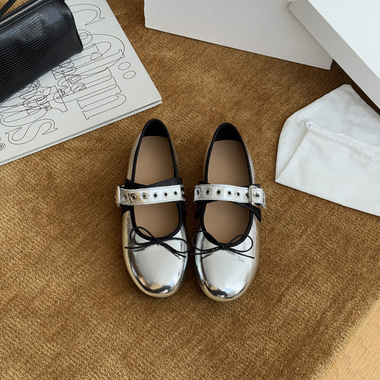Damen Ballerinas mit dekorativem Riemchen und schimmerndem Metallic-Look EB