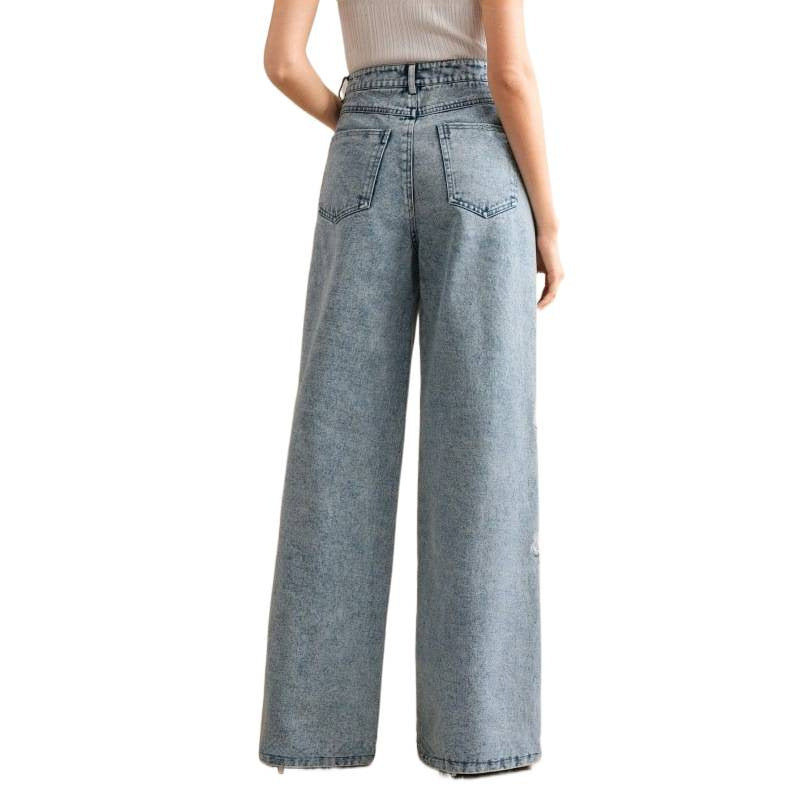 Damen Weitgeschnittene Jeans mit floralem Stickdesign EB