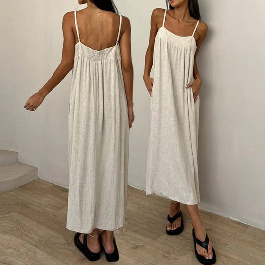 Damen luftiges Maxikleid mit breitem Schnitt und praktischen Taschen EB