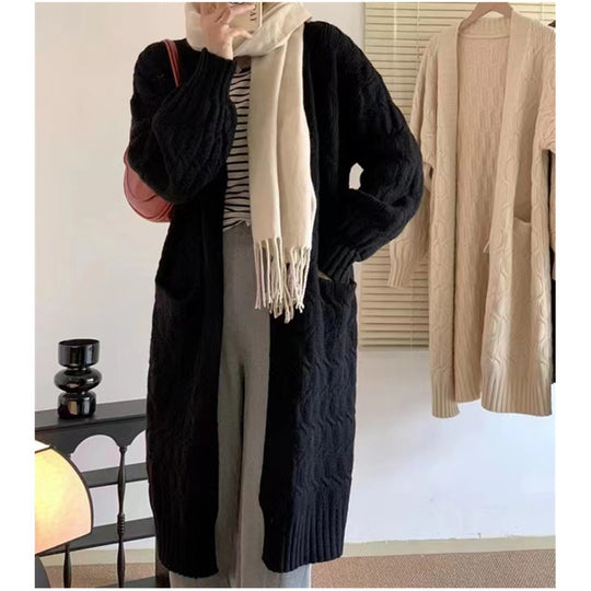 Damen Langer Strickcardigan mit voluminösen Ärmeln und praktischen Taschen EB