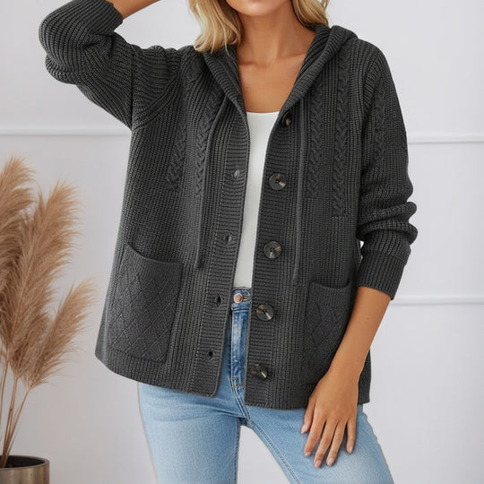 Damen nan gerippter Kapuzen-Strickcardigan mit Zopfmuster, großen Holzknöpfen und aufgesetzten Taschen EB
