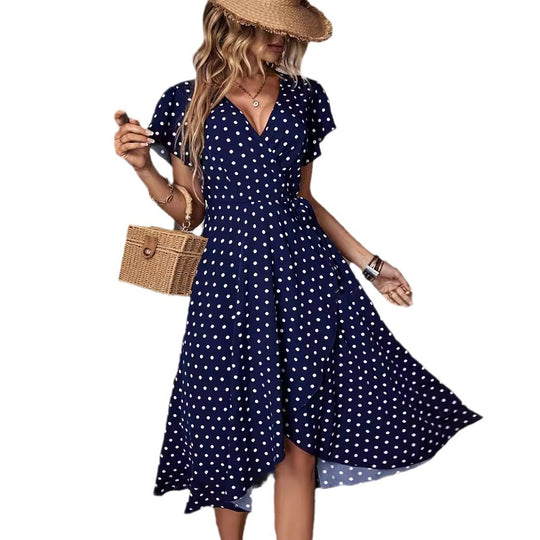 Damen Wickelkleid mit Punktmuster und charmanten Rüschendetails EB