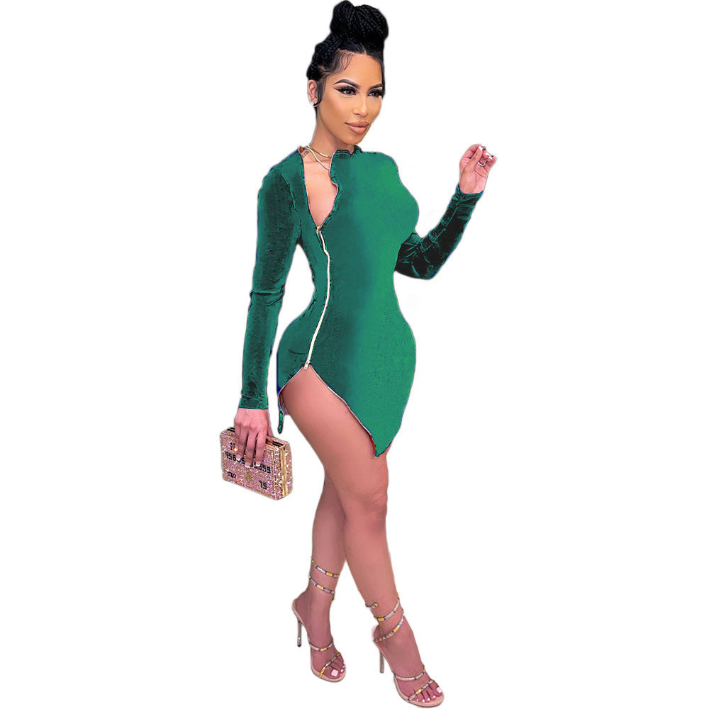 Damen Modisches Einteilerkleid mit asymmetrischem Reißverschluss und langen Ärmeln EB