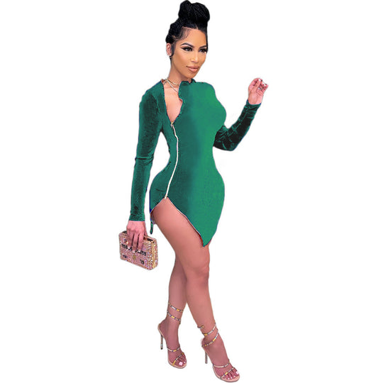 Damen Modisches Einteilerkleid mit asymmetrischem Reißverschluss und langen Ärmeln EB