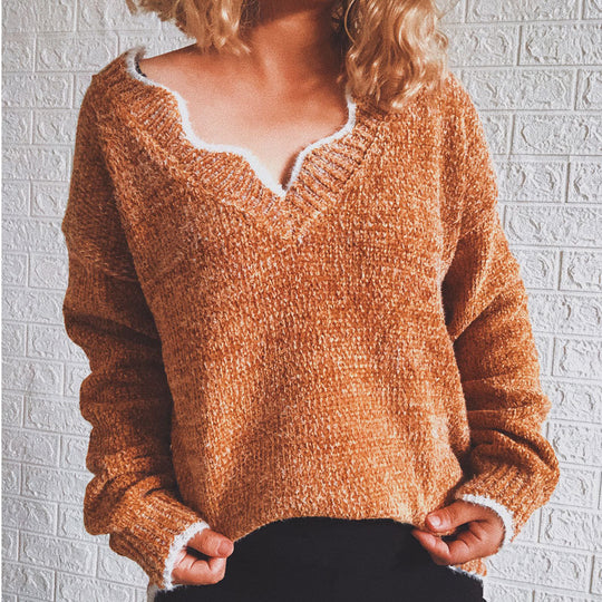 Damen lässiger Strickpullover mit weitem V-Ausschnitt und asymmetrischem Saum EB