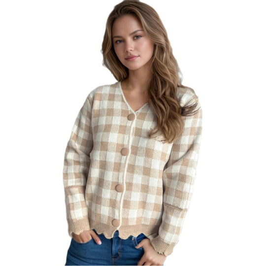 Damen lässige Strickjacke mit kräftigem Karomuster und modischen Knopfdetails EB
