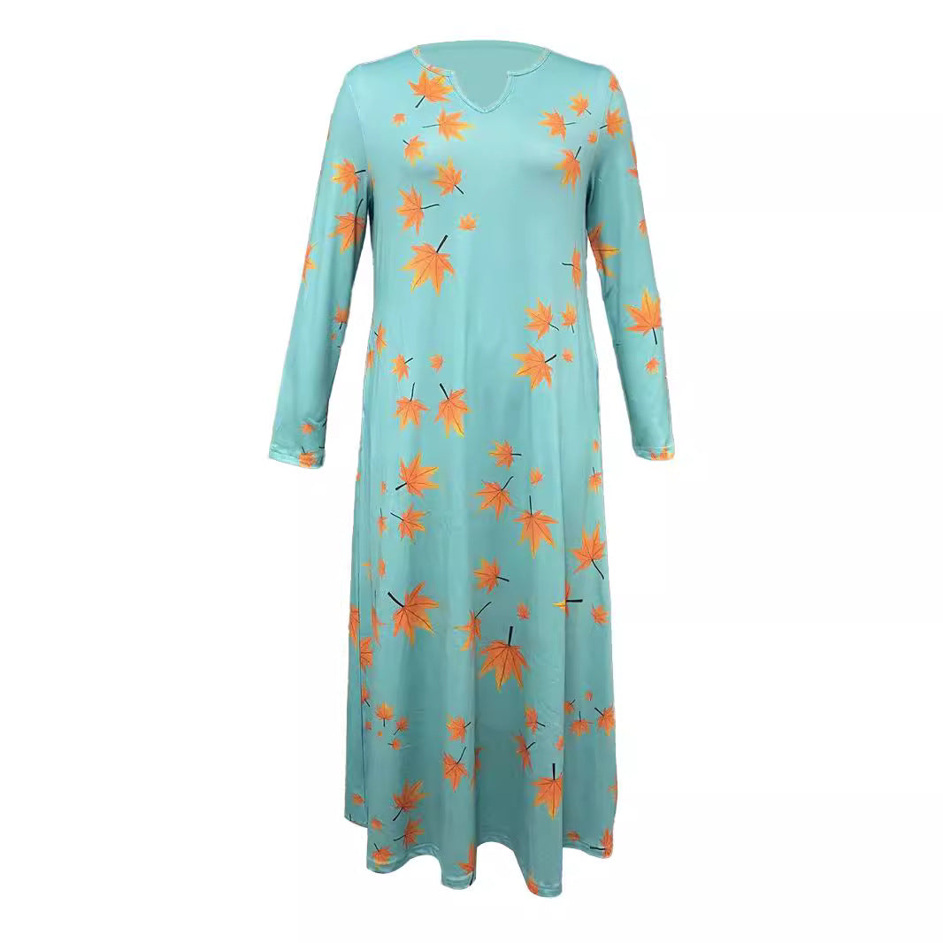 Damen Maxikleid mit V-Ausschnitt und herbstlichem Blattdesign EB