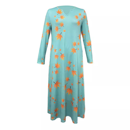 Damen Maxikleid mit V-Ausschnitt und herbstlichem Blattdesign EB