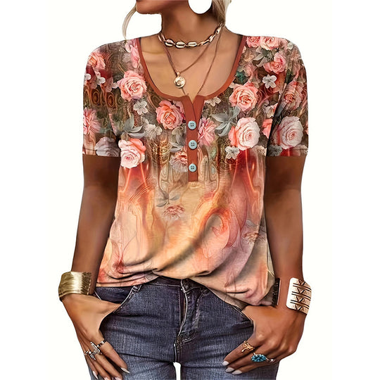 Damen Blusentop mit floralem Muster und Knopfdetails EB