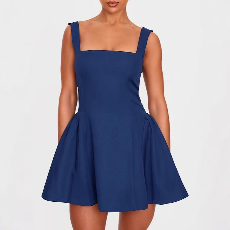 Damen A-Linien Kleid mit quadratischem Ausschnitt und angeschnittenen Taschen EB