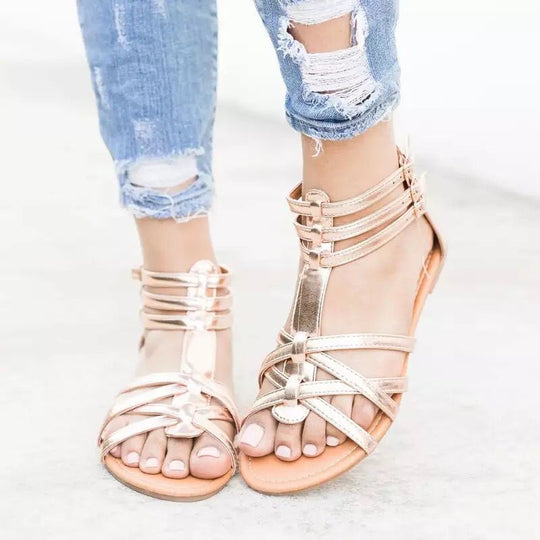 Damen Boho-Sandalen mit verstellbaren Knöchelriemen und Ethno‑Print EB