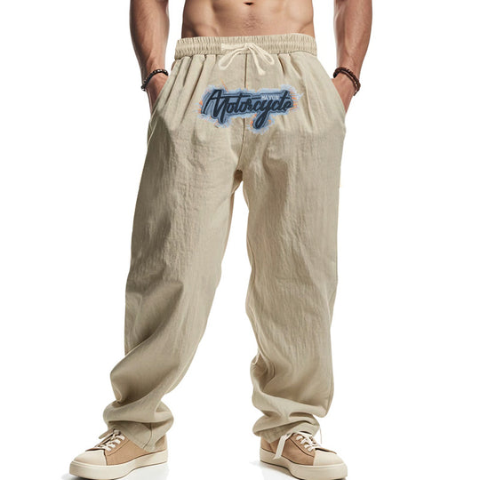 Herren Locker sitzende Leinenoptik-Relaxhose mit elastischem Bund, Kordelzug & Frontprint EB