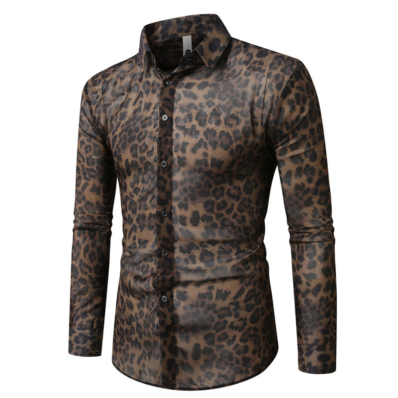 Herren nan tailliertes Langarmhemd mit auffälligem Leoprint, leichter Satinoptik und elastischem Slim Fit EB