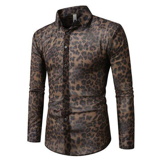 Herren nan tailliertes Langarmhemd mit auffälligem Leoprint, leichter Satinoptik und elastischem Slim Fit EB