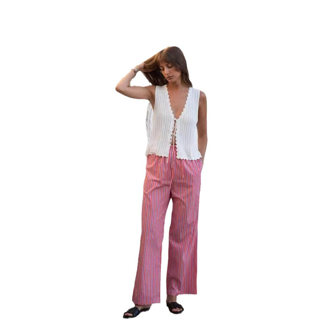 Damen lässige bequeme Schlafhose aus leichtem Baumwollstoff mit eleganten Streifen EB