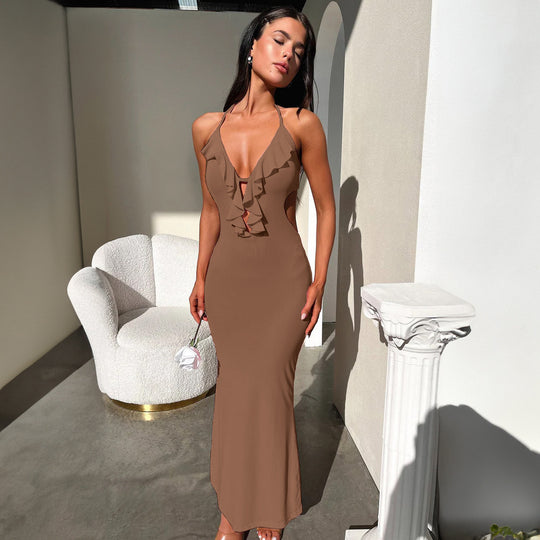 Damen Maxikleid mit Rüschendekor und figurbetontem Schnitt EB
