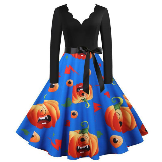 Damen Vintage Swing Kleid mit Halloween-Kürbis-Print und Taillengürtel EB