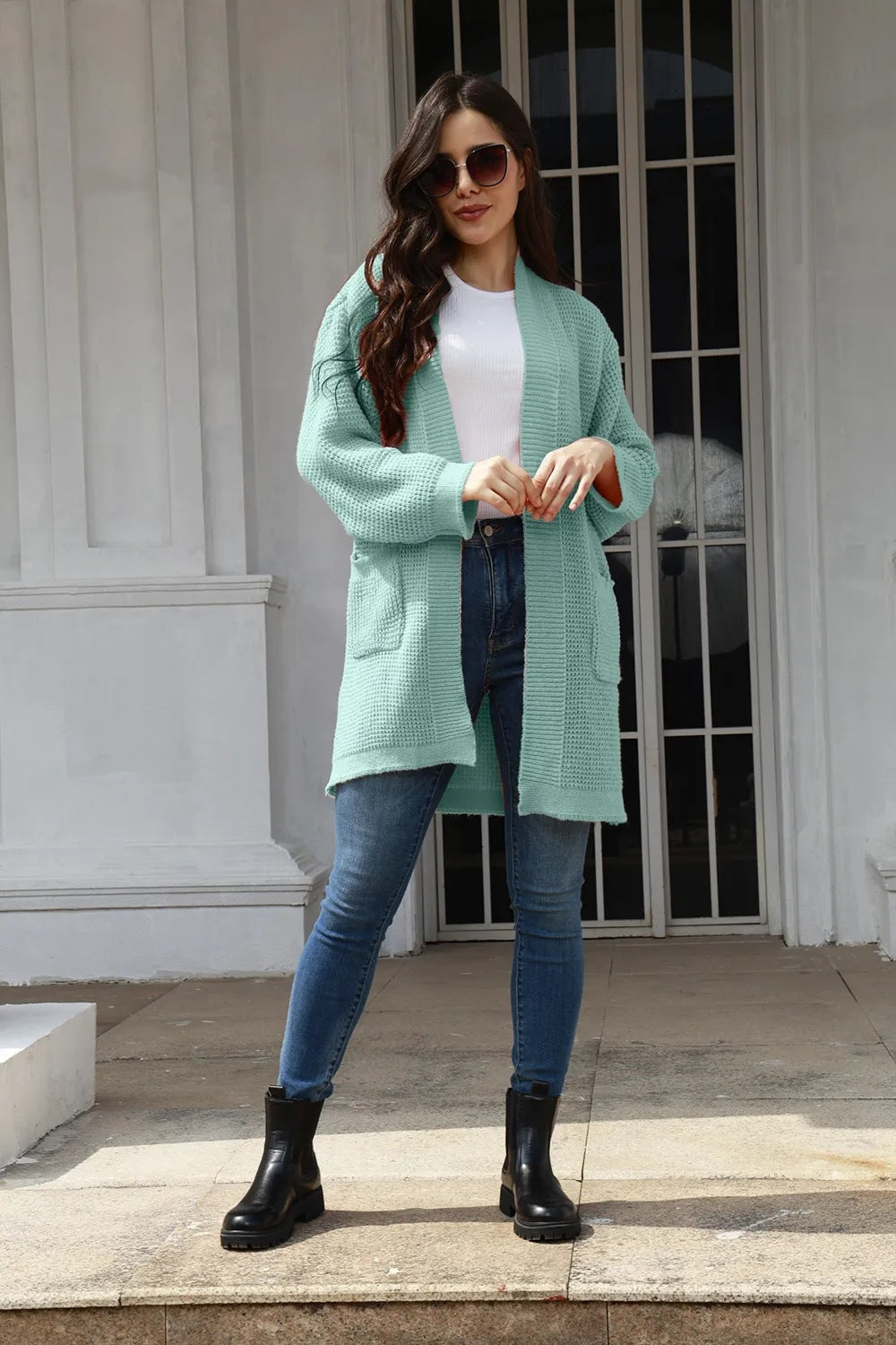 Damen lässiger Strickcardigan mit praktischen Taschen und offener Front EB