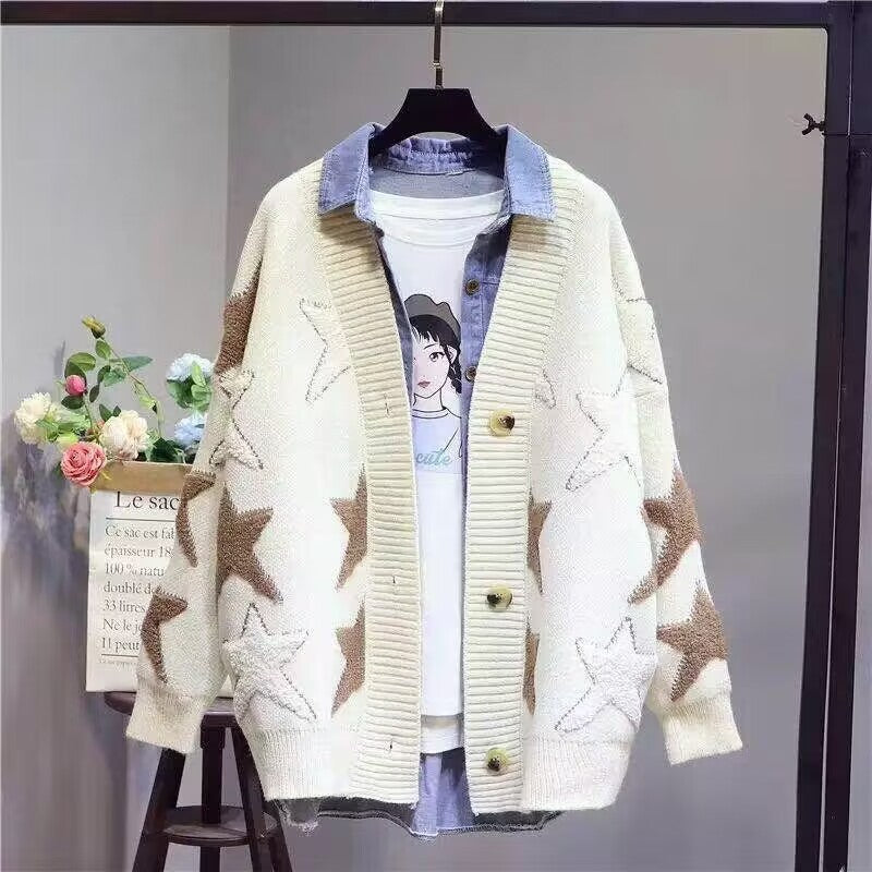 Damen Grobstrick-Cardigan mit Sternenmuster und tiefem V-Ausschnitt EB