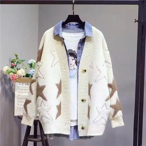 Damen Grobstrick-Cardigan mit Sternenmuster und tiefem V-Ausschnitt EB