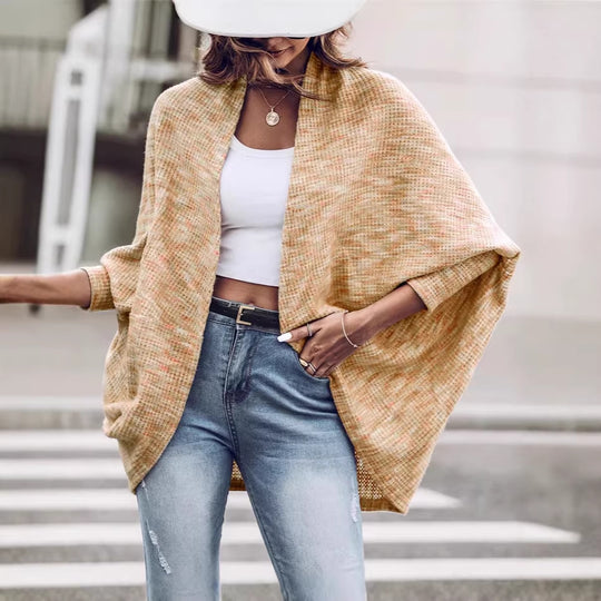 Damen Oversized Strickponcho mit offener Front und Bouclé‑Struktur EB