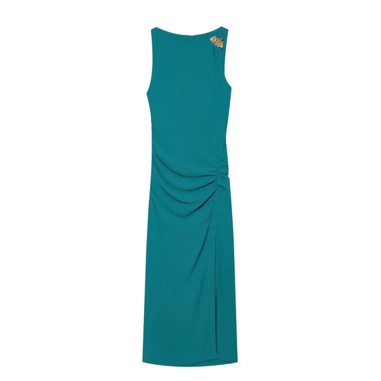 Damen Maxikleid mit elegantem Faltenwurf und asymmetrischem Saum EB