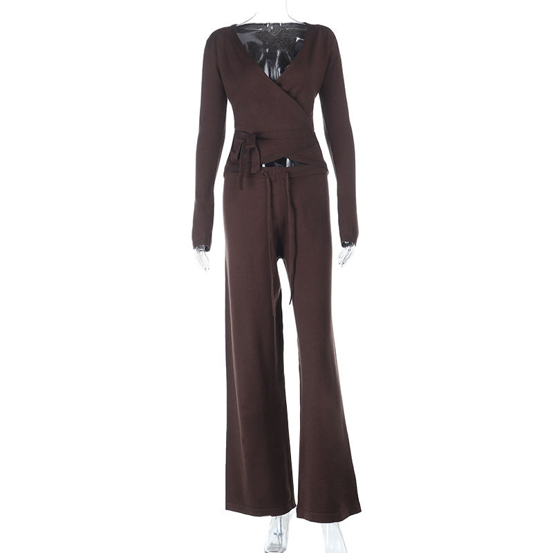 Damen lockerer Jumpsuit mit Wickeldesign und langen Ärmeln EB