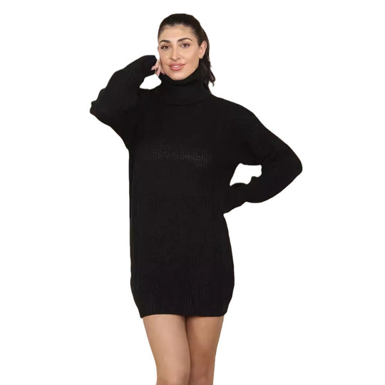 Damen Strickkleid im Oversized-Stil mit hohem Kragen und dekorativem Rippdesign EB