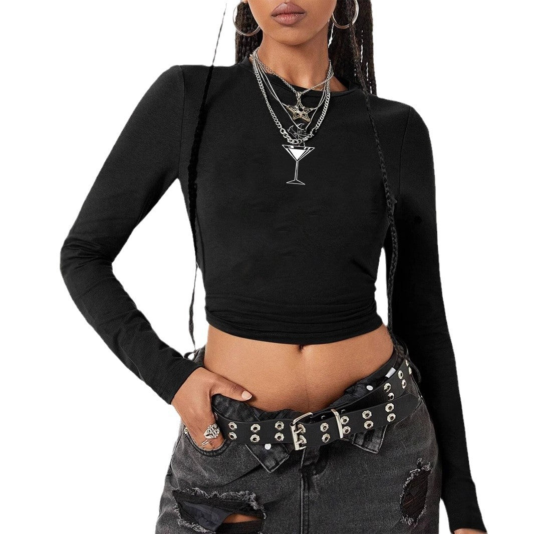 Damen nan figurbetontes langärmeliges Cropped-Shirt mit fotorealistischer Lippen-Collage und schmaler Passform EB