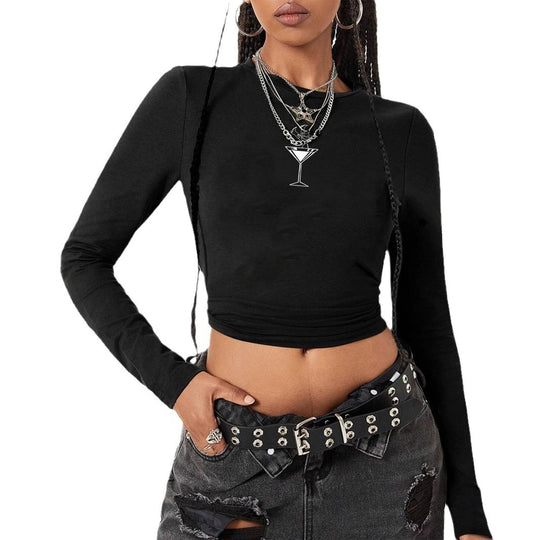 Damen nan figurbetontes langärmeliges Cropped-Shirt mit fotorealistischer Lippen-Collage und schmaler Passform EB